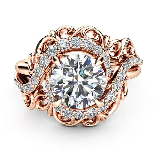

Rose Gold Color Vintage Party Crystal Ring CZ Wedding Rings for Women Girls Gift Hollow Jewelry Wholesale Dropshipping
