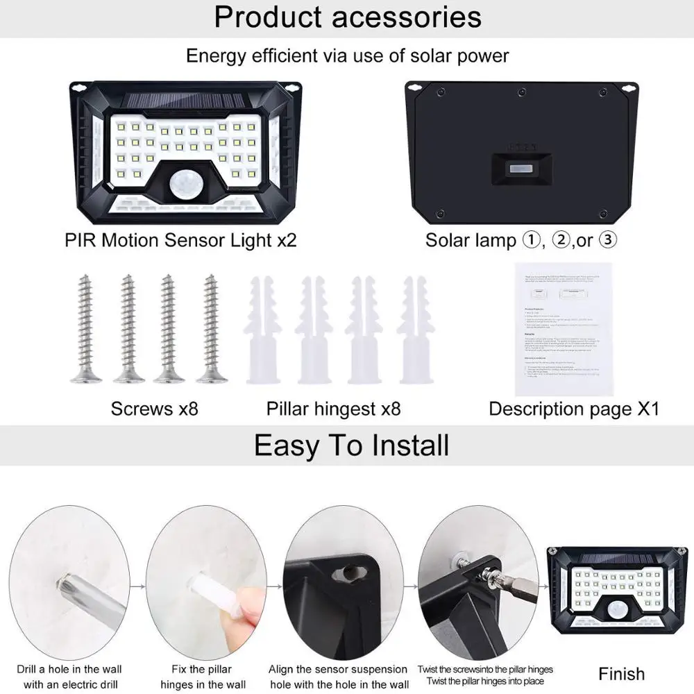 
Waterproof 42/66/136/86 LEDs Outdoor Solar Motion Detector Led Street Light for Garden, Path, Wall, Yard 