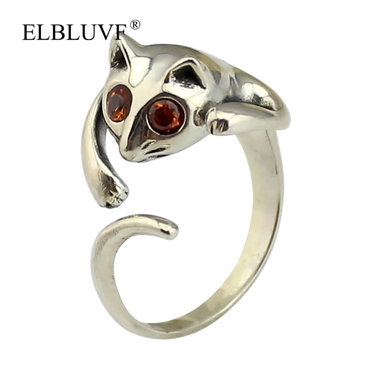 

ELBLUVF 925 Sterling Silver Retro Antique Cartoon Animal Cat Open Adjustable Ring Jewelry, Antique silver