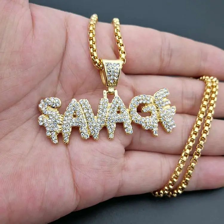 

Never Fade Men's Hips Hops 18K Gold Plated Iced Out SAVAGE Pendant Necklace 316L Stainless Steel SAVAGE Pendant Necklace