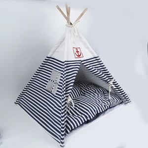 Image of Breathable Striped Dog Cat Pet Tent Washable Canvas Pet Dog Teepee