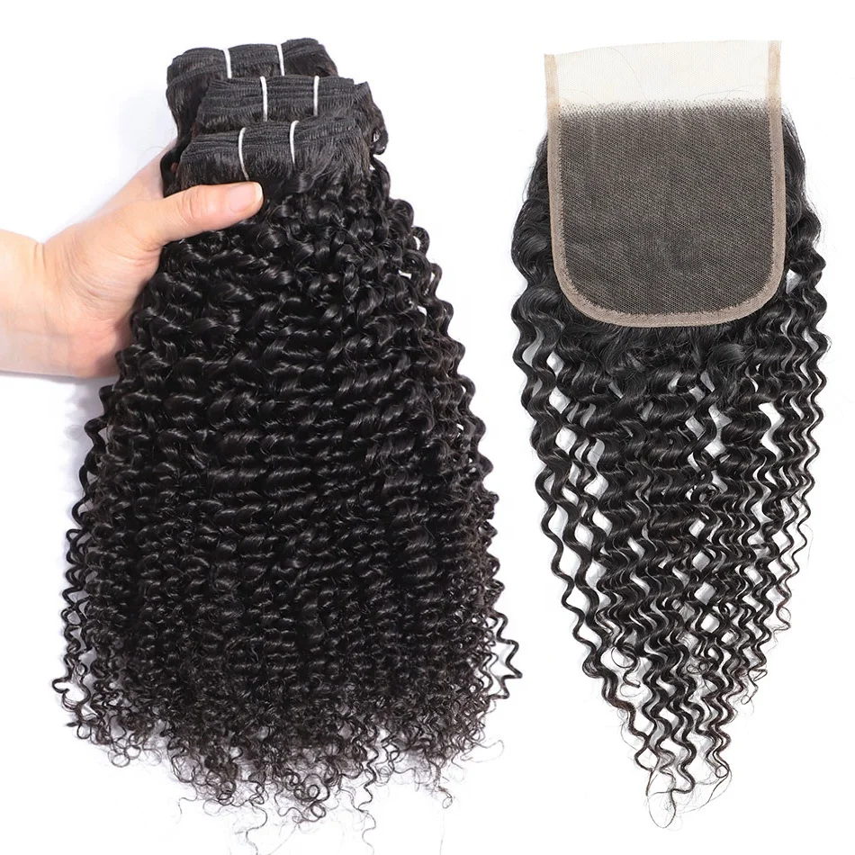 

Mongolian Kinky Curly Human Hair Bundles Weaves With Closure Cuticle Aligned Hair