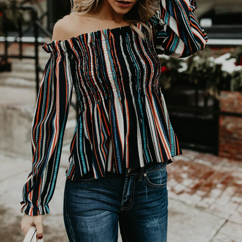 

Hot Sale High Quality Women Long Sleeve Shirt Color Colorful Striped One-shoulder Sexy Shirt For Wholesale, Black