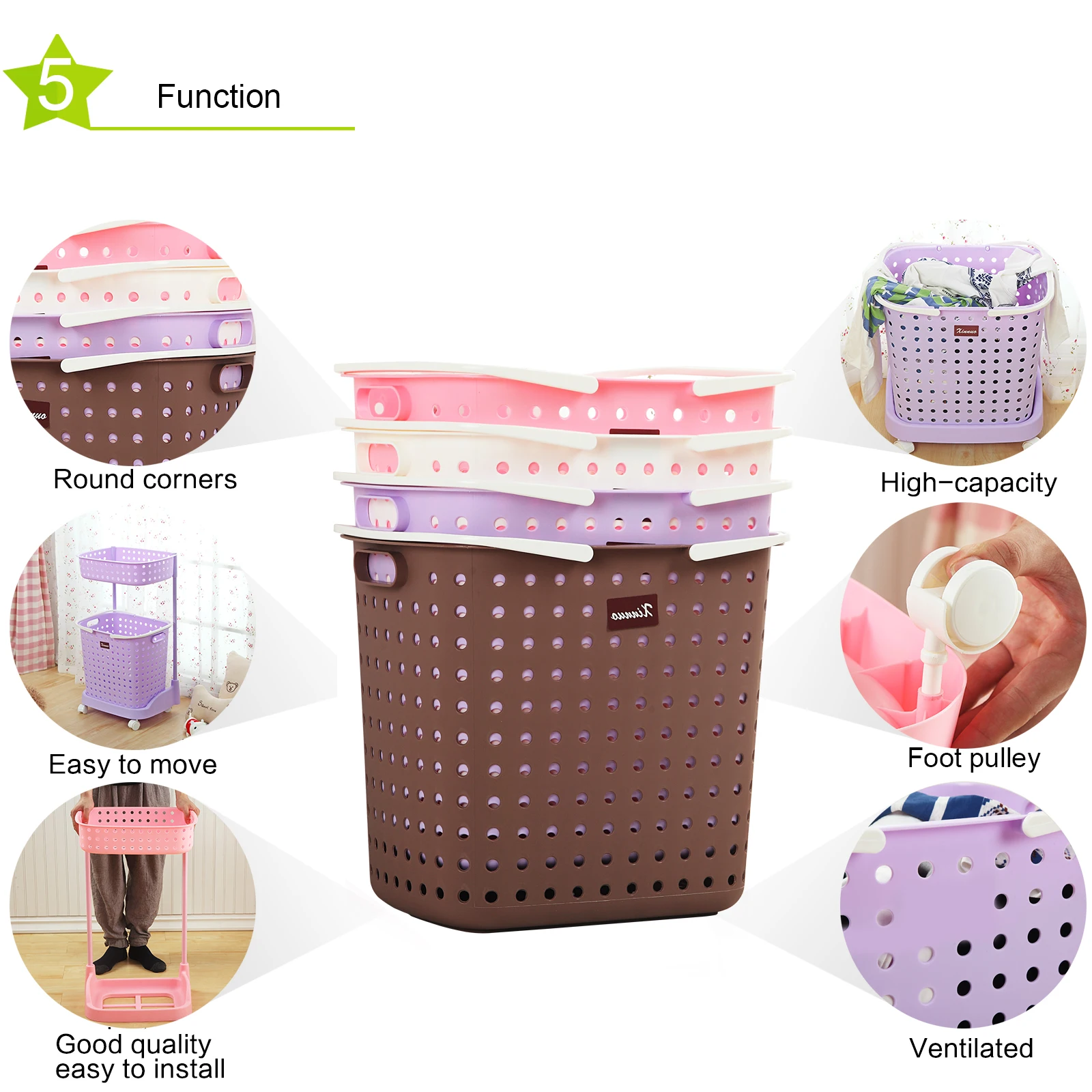 Cheap Plastic Laundry Basket Bright Color Rolling Plastic Laundry