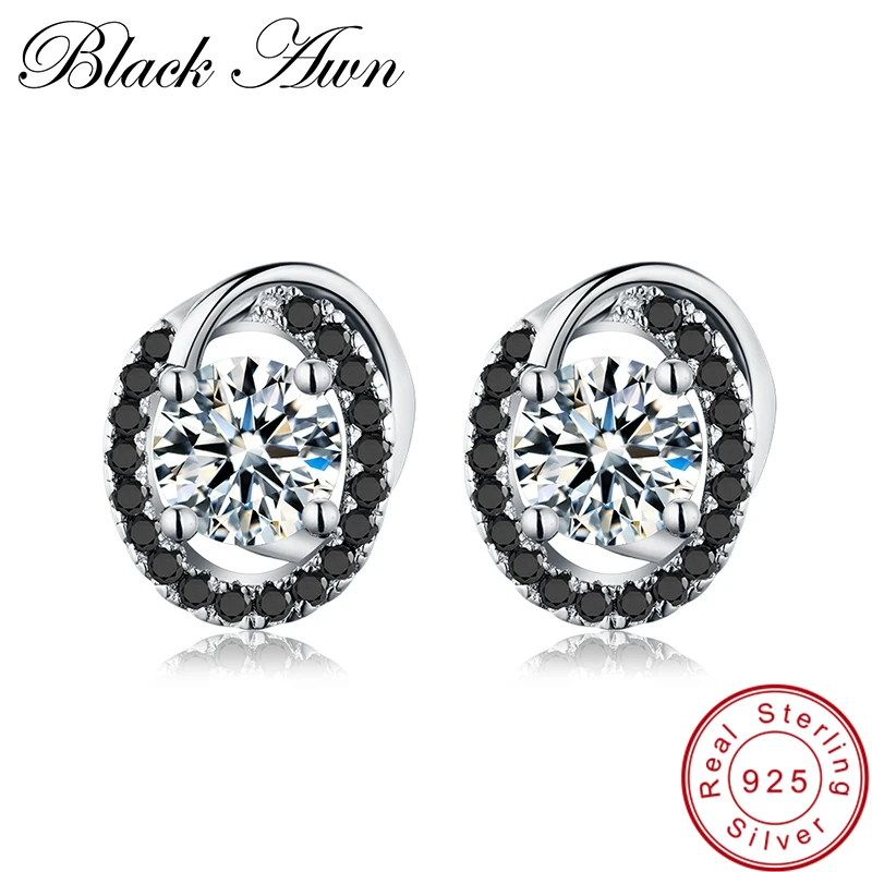 

[BLACK AWN] 100% Pure 925 Sterling Silver Oval Jewelry Row Black Stone Women Girl Gift Stud Earrings Party T176