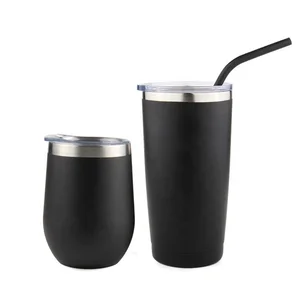 Image of Powder Coated Matte Customized Double Wall Stainless Steel Vacuum Triple Insulated Coffee Wine Tumbler Cups with Logo Straws