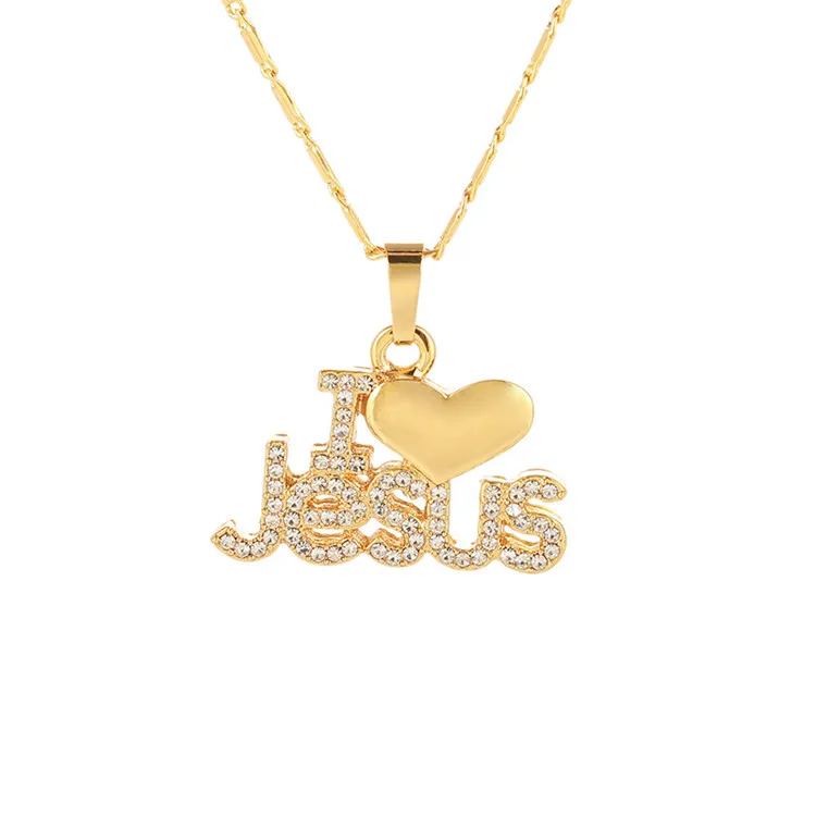 

Fashion Religion Christian Jewelry Crystal Rhinestone I Love Jesus Letter Heart Pendant Necklace With Copper Chain, N/a