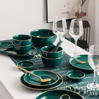 

8 Inch Plate Luxury Dinner Set Porcelain Dark Green Dinner Plate and Bowl Set With Gold Rim