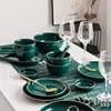 Luxury Dinner Set Porcelain Dark Green Dinner Plate and Bowl Set With Gold Rim