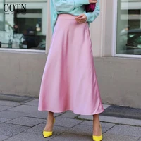 

OOTN Self Design Party Skirts Womens Fashion 2019 A Line High Waist Skirt Yellow Pink Long Glossy Satin Skirt Women Summer Midi