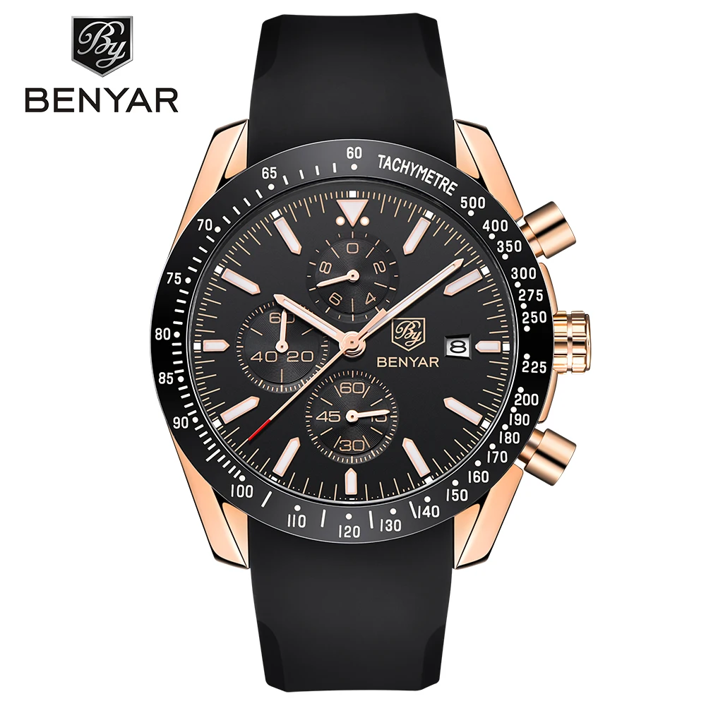 BENYAR Men Watch Top Brand Luxury Silicone Business Sport Chronograph Quartz Wristwatch Men Clock