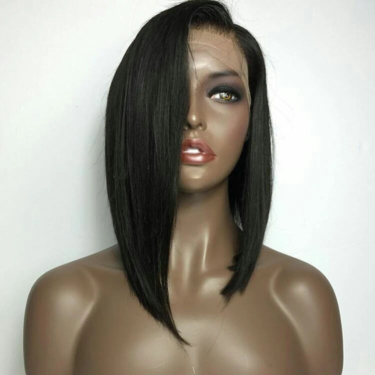 

Women's Fashion Glueless Short Bob 100% Indian Human Hair Lace Front Wig With Baby Hair Natural Hairline, Natural color lace wig