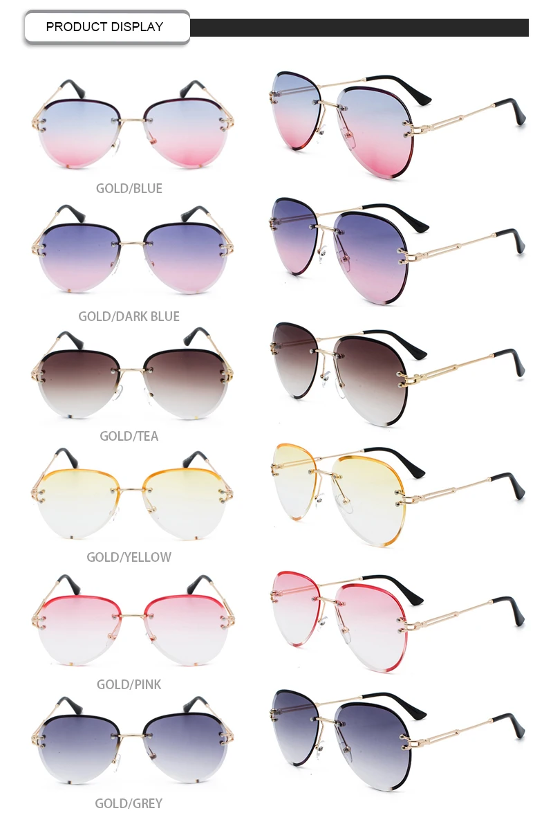 Most Popular Rimless Gradient Color Ladies Designer Unisex Eyewear Pilot Female Sunglasses