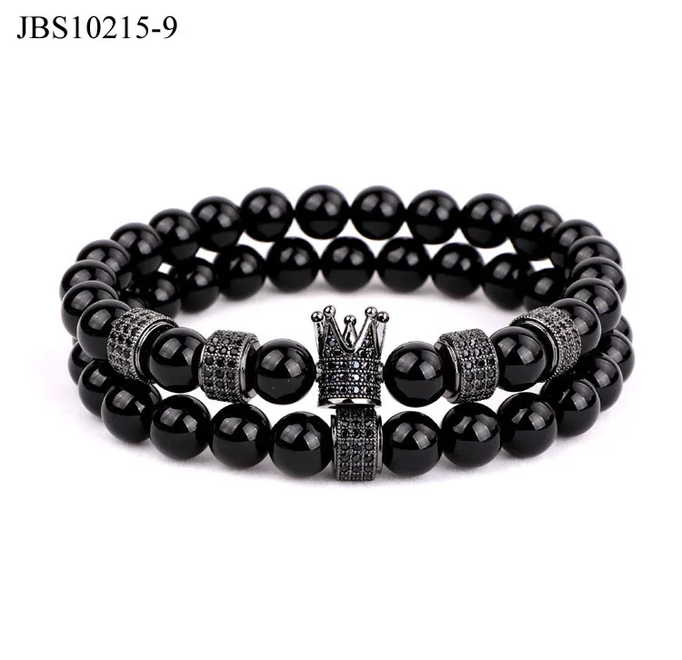 

Natural Gemstone black onyx beads CZ charms stretch bracelet set for men