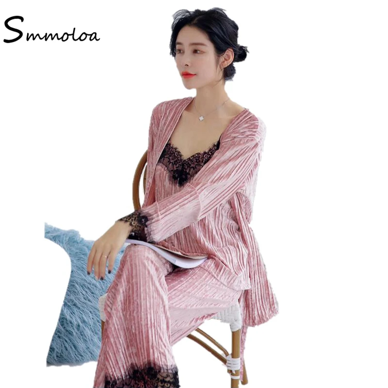 

Smmoloa Ladies Velvet Pajamas Autumn Winter Women Three Pieces Sleepwear Lace Pajama Set