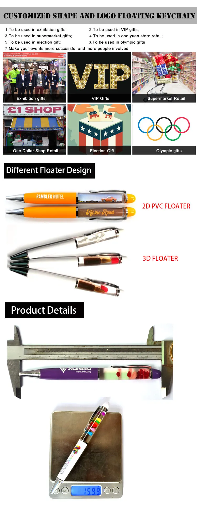 Custom Glitter and 2D PVC Floater Inside Plastic Pen