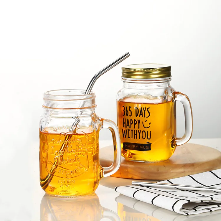 

customized glass mason jars 480ml for drinking with handle and straw, Transparent