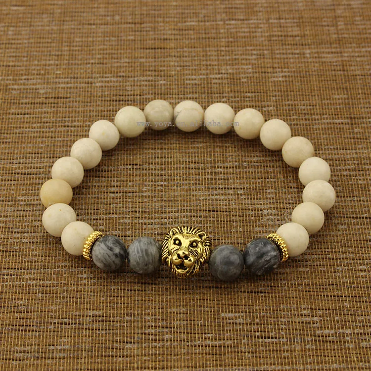 

BRA1183 map jasper& river stone beaded gold lion head bracelet, Men's Bracelet