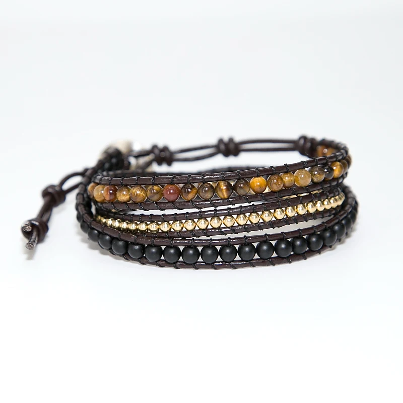 

Men Simple 4mm Copper Black Agate Beaded Bracelet Triple Leather Tiger Eye Bracelet