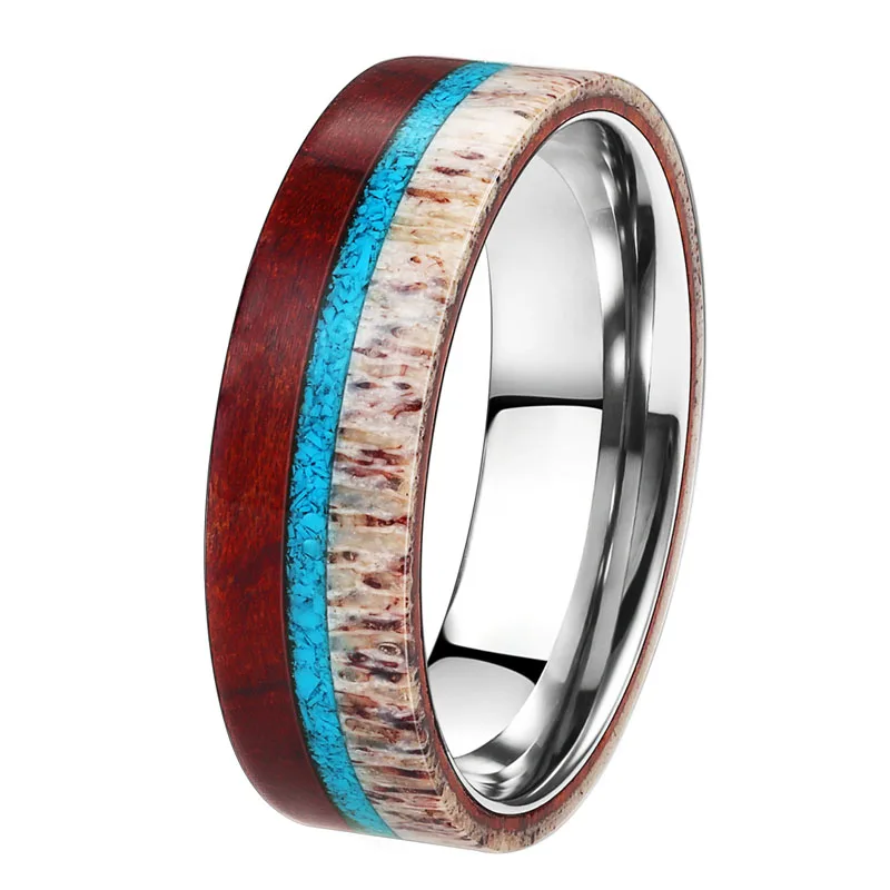 

POYA Jewelry 8mm Tungsten Wood Wedding Band Flat Edge High Polished Antler Turquoise Inlay Promise Ring
