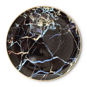 Image of Wholesale wedding black ceramic gold rim bone china dinner plate for wedding events