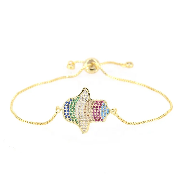 

Box Chain Rainbow Stone Hamsa Hand Bracelet For Women, Gold;silver;rose gold;black