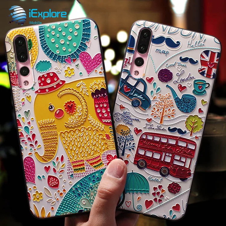 

iExplore manufacturer ultra slim light soft TPU 3D embossment color printing cartoon girls phone case for iPhone Huawei P20 pro