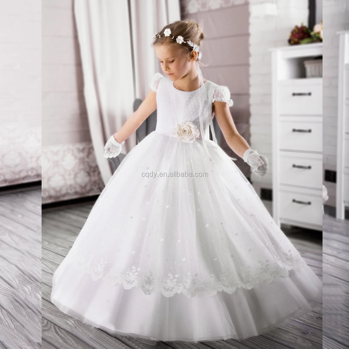 White Ivory Flower Girls Dresses Appliques Lace Long Sleeve Party Birthday Christmas Gown Train Toddler Pageant Dress Size 2-16Y