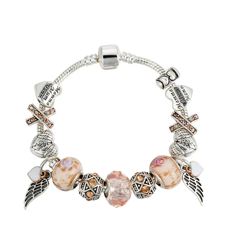 

Mum Silver Heart Charm Bracelets Antique Angel Wing Charm Beads Bracelet for Mother's Day Gift