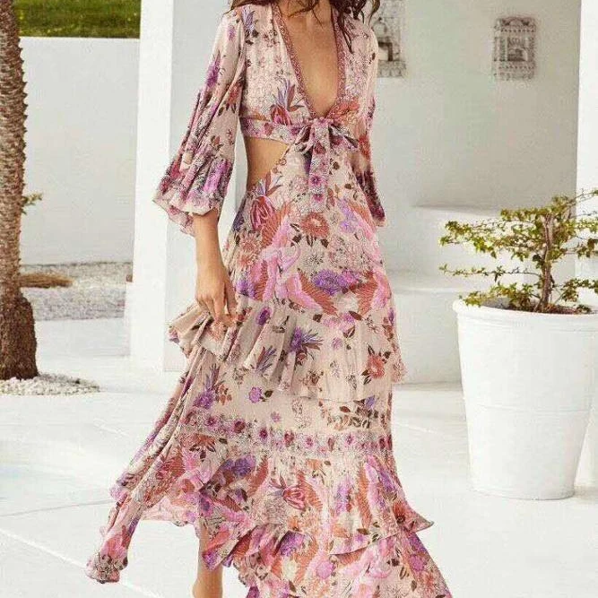 

women Bohemian V neck hollow out waist summer printing Maxi Dress OEM/ODM Women Apparel Clothing Garment Wholesale Price, Picture shown