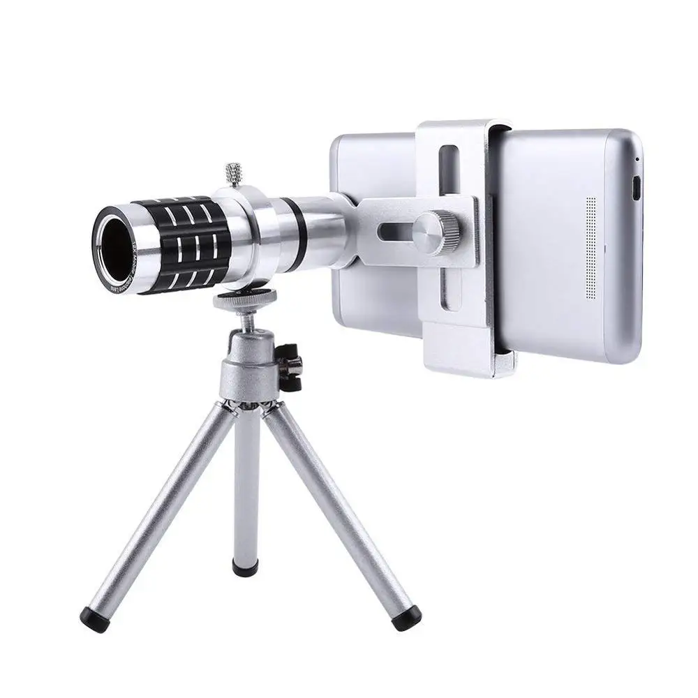 

Portable 12X Zoom Telephoto Telescope Lens Aluminum Camera Lens Kit With Phone Holder+Tripod Universal, Sliver