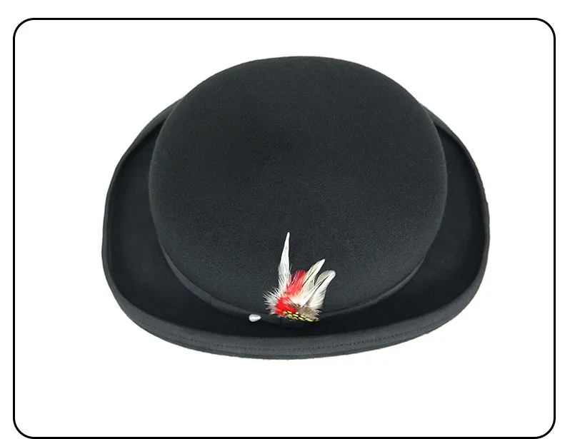 
High Quality America Music Festival Black Hard Wool Felt Bowler Hat with Feather 