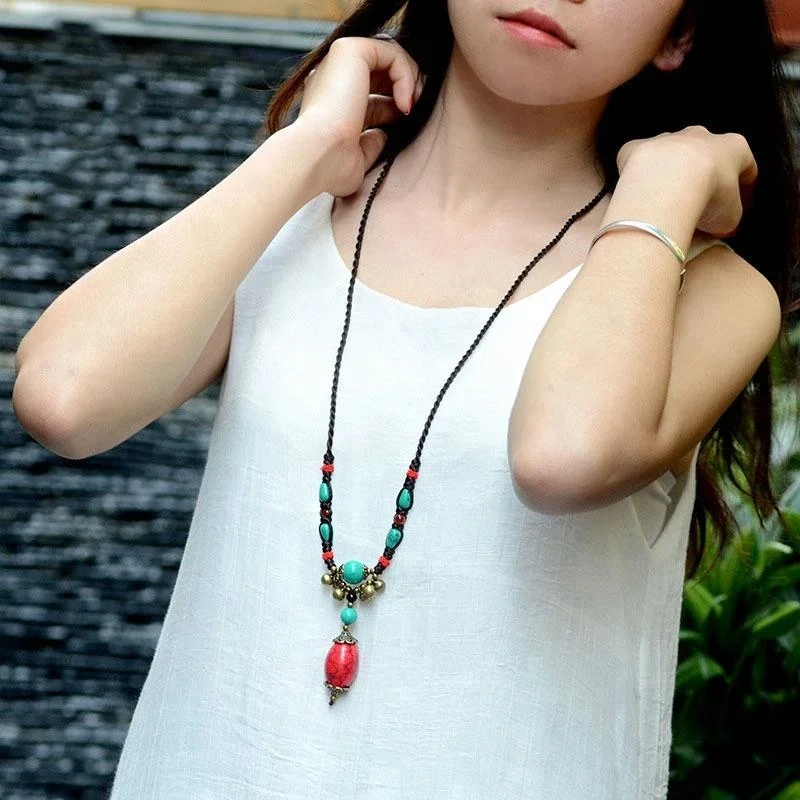 

Chinese wind national jewelry turquoise necklace, handmade braided copper beads nature stones sweater necklace