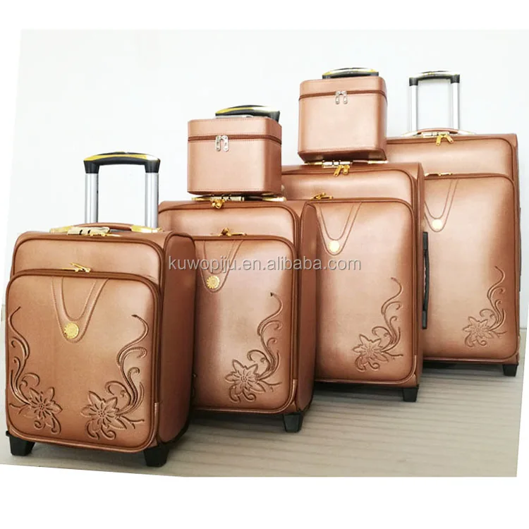 Golden Leather Pu Style Valise 4 Pcs Trolley Bag And 2 Cosmetic Golden Leather Pu Style Valise 4 Pcs Trolley Bag And 2 Cosmetic Case 6 Pieces Luggage