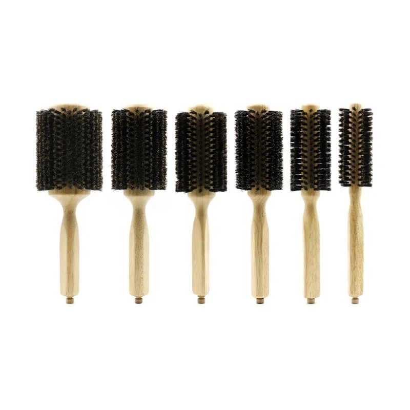 Natural Boar Bristle Wood Round Barrel Heat Resistance Hair Brush Detangling Salon Barber Pin Styling Comb