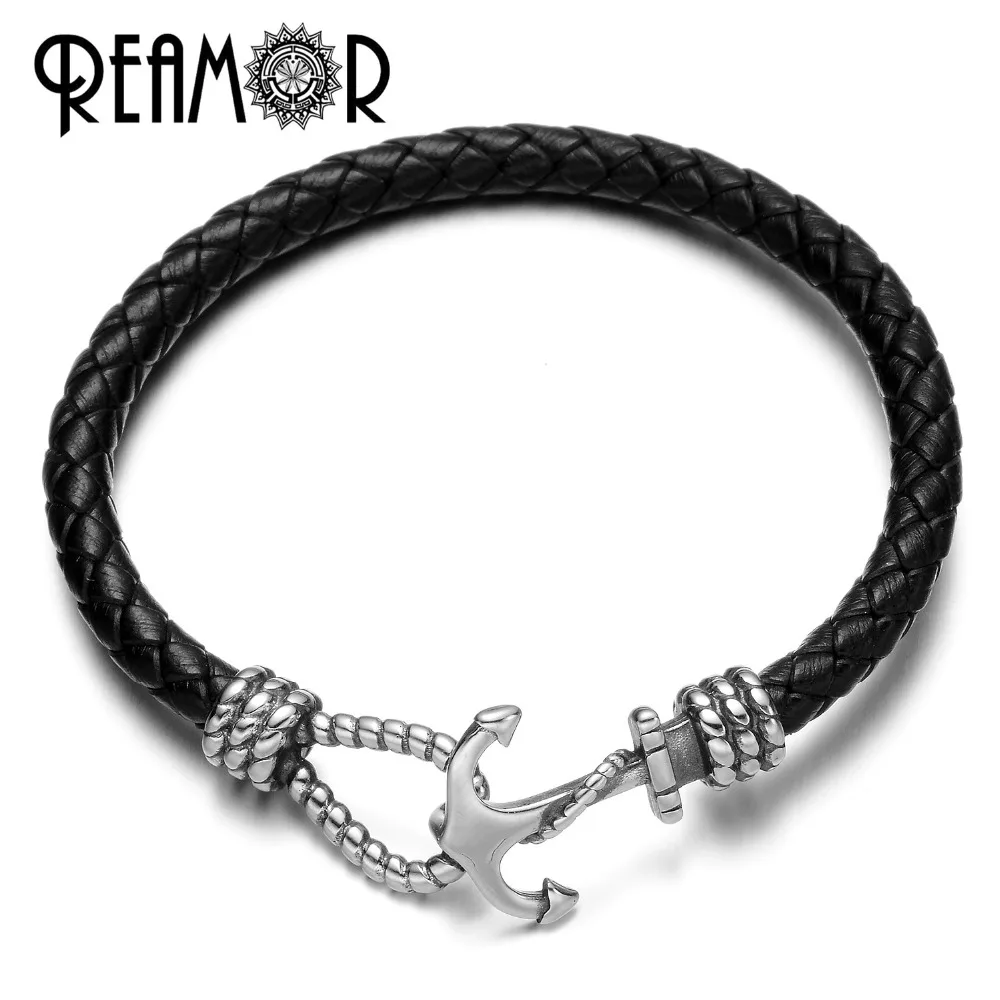 

REAMOR 17-21cm 316l Stainless steel Anchor Charms Bracelet Men Wristband Genuine Leather Women Bracelets Trendy Jewelry