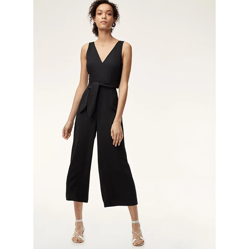 

2019 Factory Custom Trendy V Neck Sleeveless Loose Trousers Femme Linen Jumpsuit Women