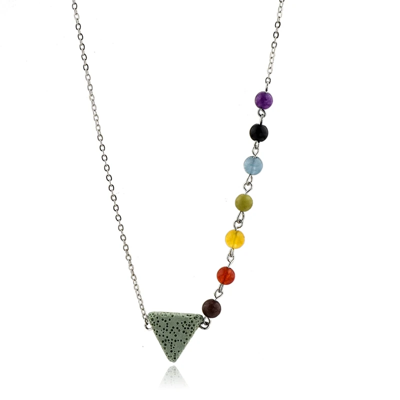 

Fashion Jewelry 7 Chakra Natural Stone Bead With Triangle Lava Stone Essential Oil Diffuser Necklace, Gold /silver