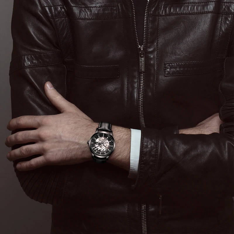 MEGALITH  mens watches black band no battery mechanical movement wristwatches montre homme water resistant silver