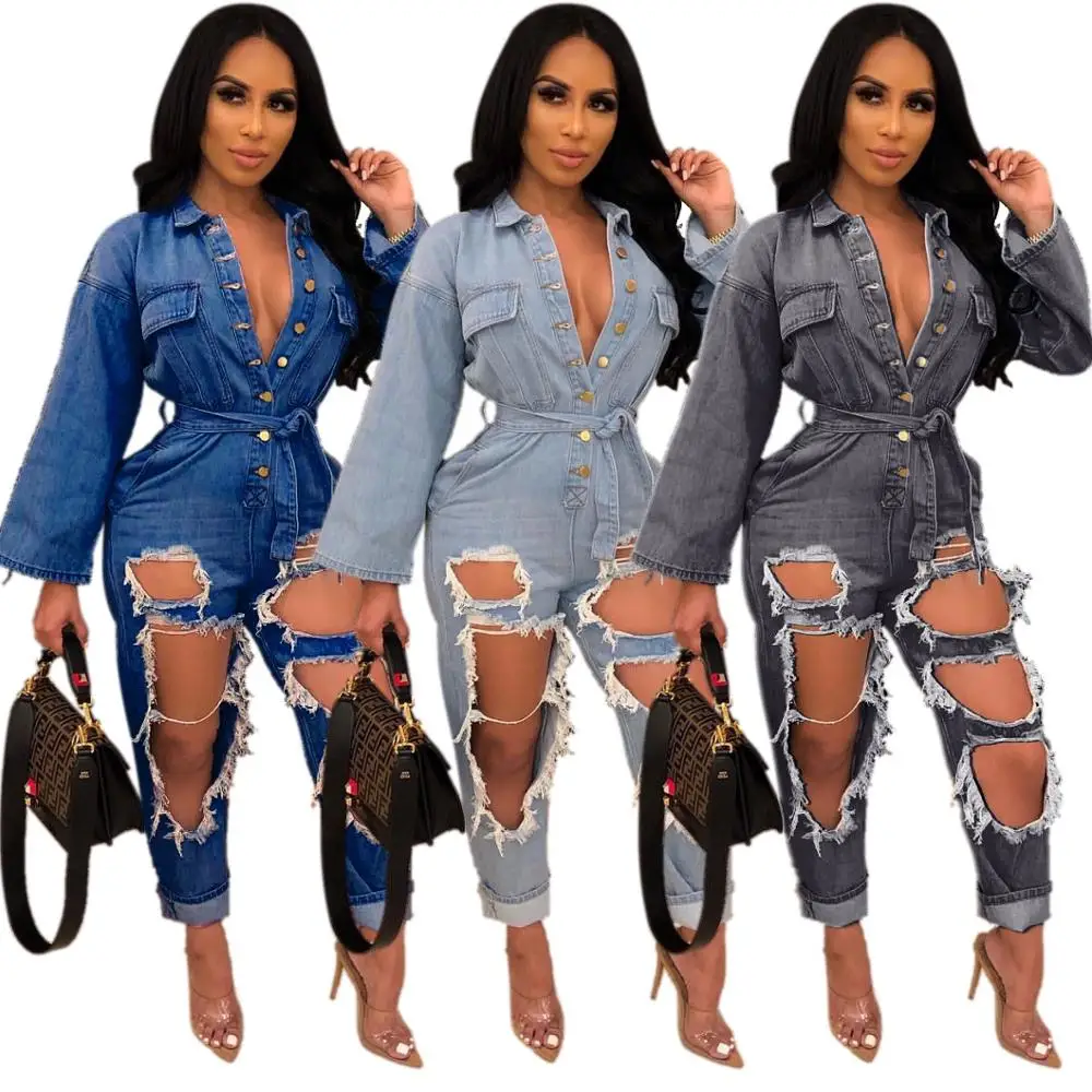 hot sale women button up long sleeve ripped washed denim jumpsuit