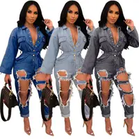 

hot sale women button up long sleeve ripped washed denim jumpsuit