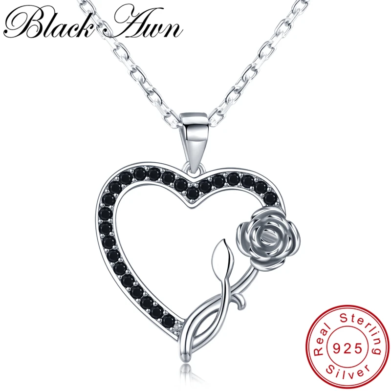 

[BLACK AWN] Romantic 925 Sterling Silver Jewelry Necklace for Women Black Spine Female Heart with Rose Lovers Gift K008