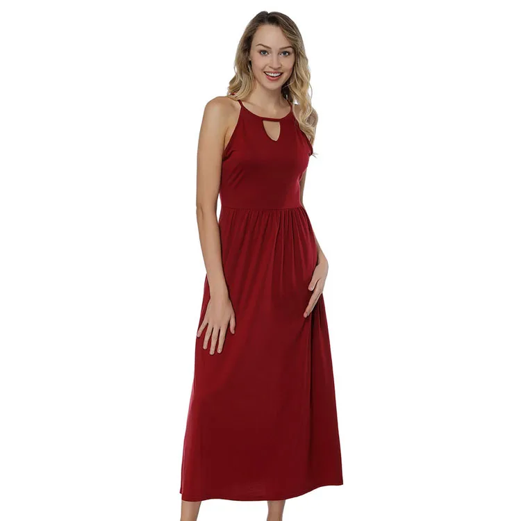 

Oem Hang Neck Hollow Sleeveless Red Long Summer Casual Blank Wholesale Dresses, As shown blank wholesale dresses