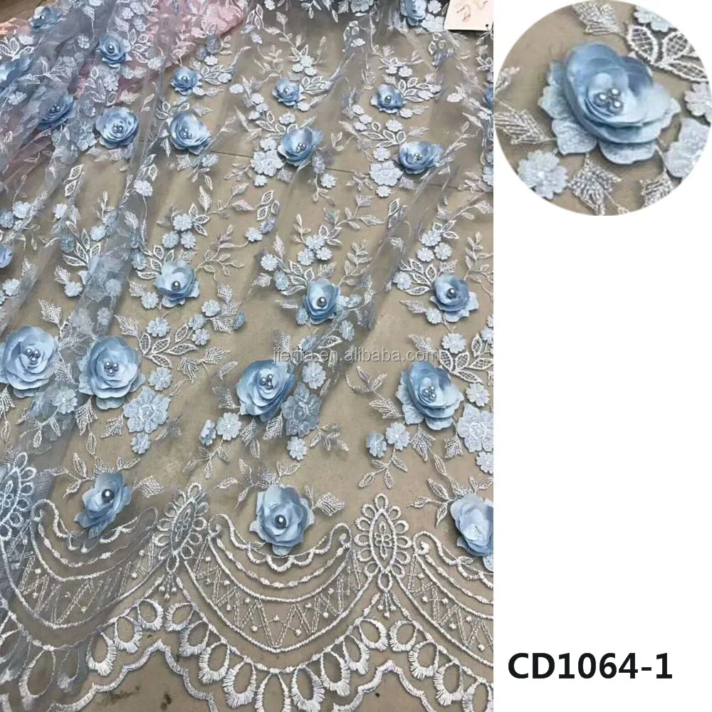 Top Kualitas 3d Beads Bunga Tulle Renda Bordir Kain Bersih Untuk