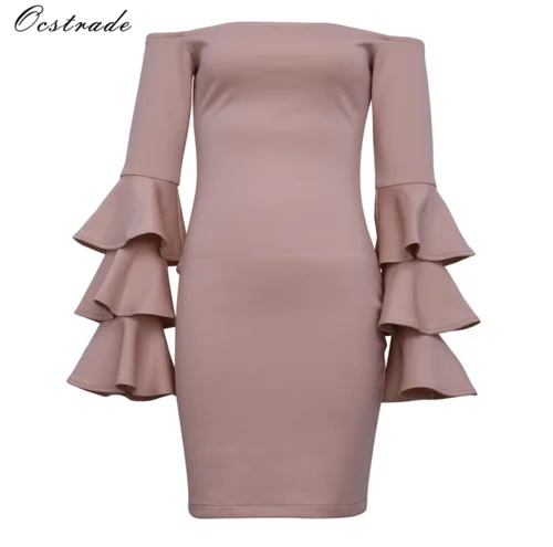 

Ocstrade Hot Sale Fashion Women Nude Butterfly Sleeve Off Shoulder Bodycon Bandage Dress