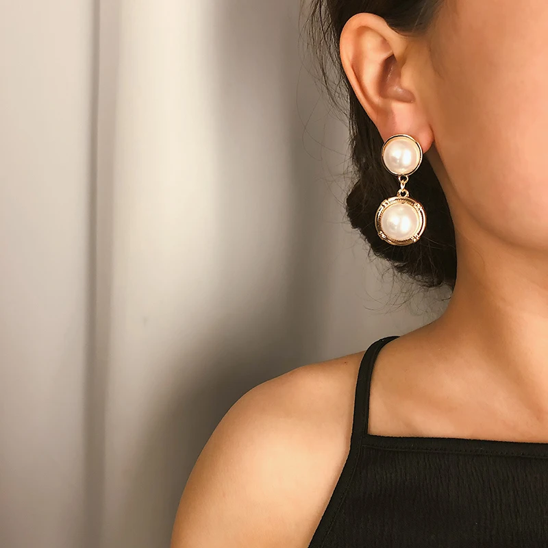 

Simple Double Round Pearl Drop Earrings Trendy Geometry Long Dangle Earrings (SK527), As picture