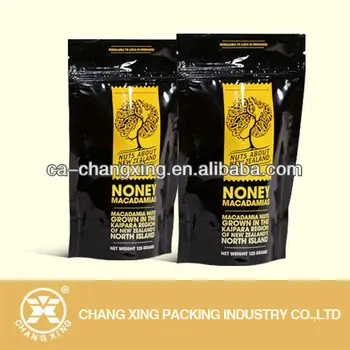 Black Resealable Zipper Plastic Bag For Honey Chilli Macadamias Packaging Custom Printed