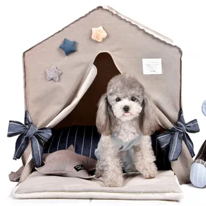 Image of Purple and gray denim cartoon luxury pet bed for dog cat bed