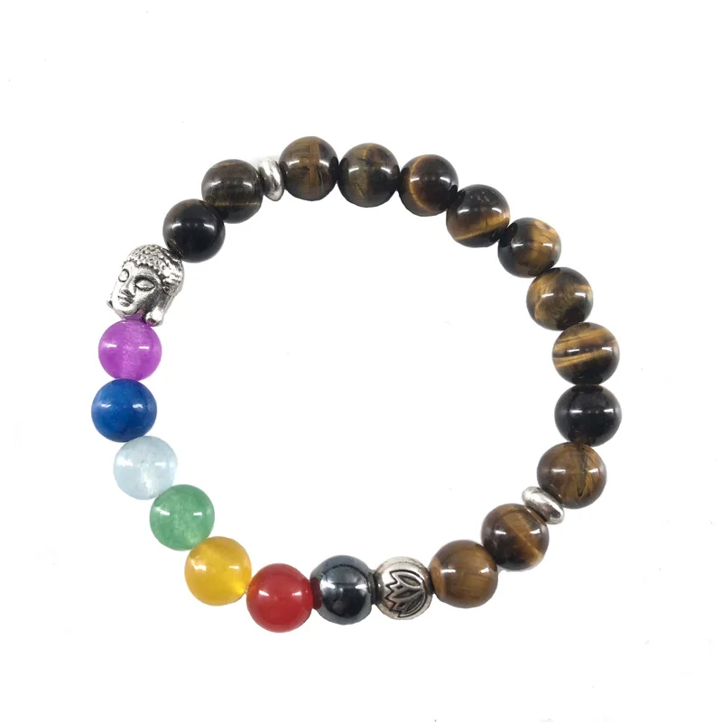 

7 rainbow Color jade Chakra Gemstone tiger-eye lotus healing buddha Bracelet