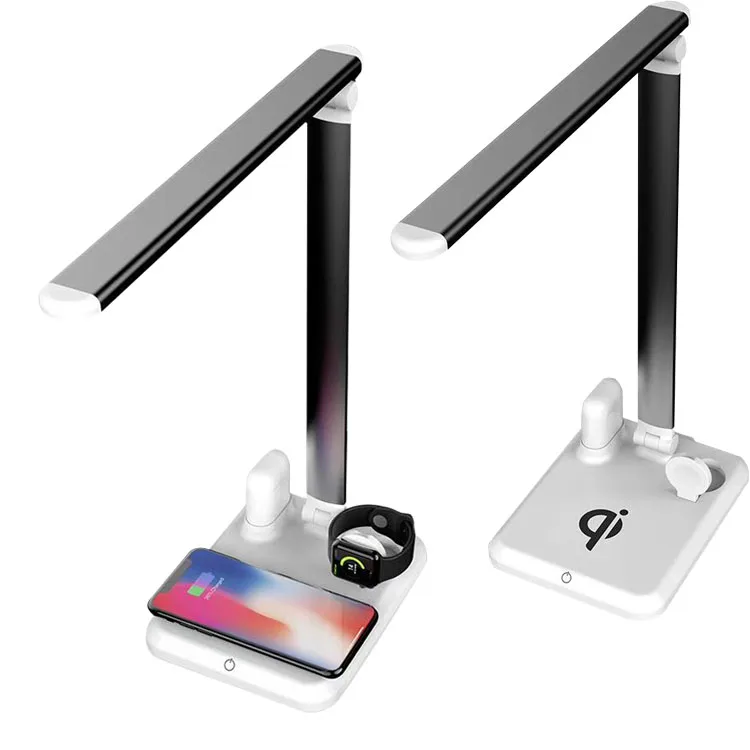 

2019 amazon best seller 4in1 LED Desk Lamp Qi Wireless Charger Dock for Cell Phone Holder Desktop Lamp for smart watch, Black+brown;white +silver